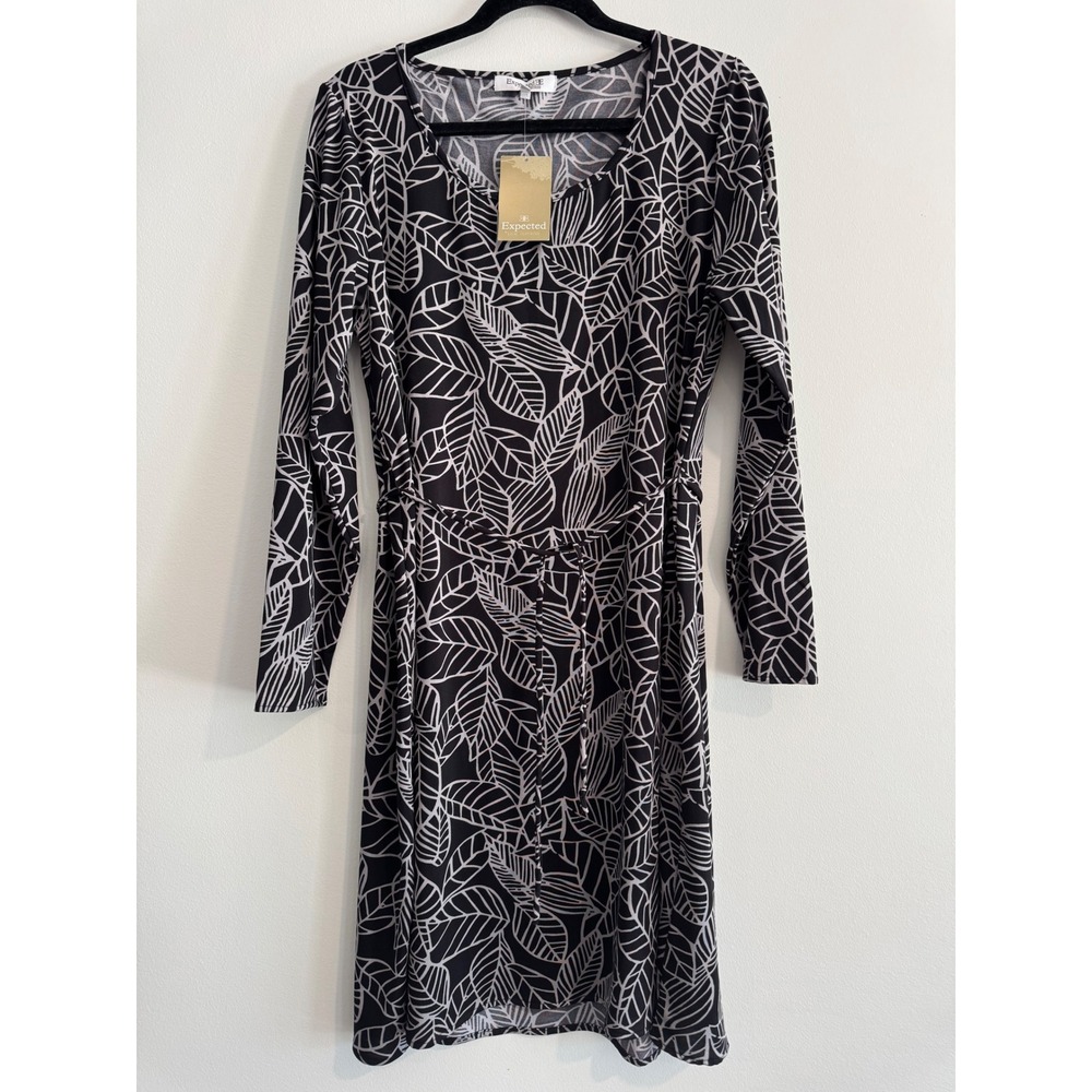 Expected by Lilac Clothing Maternity Dress Women XL Black White Leaf Print Tie